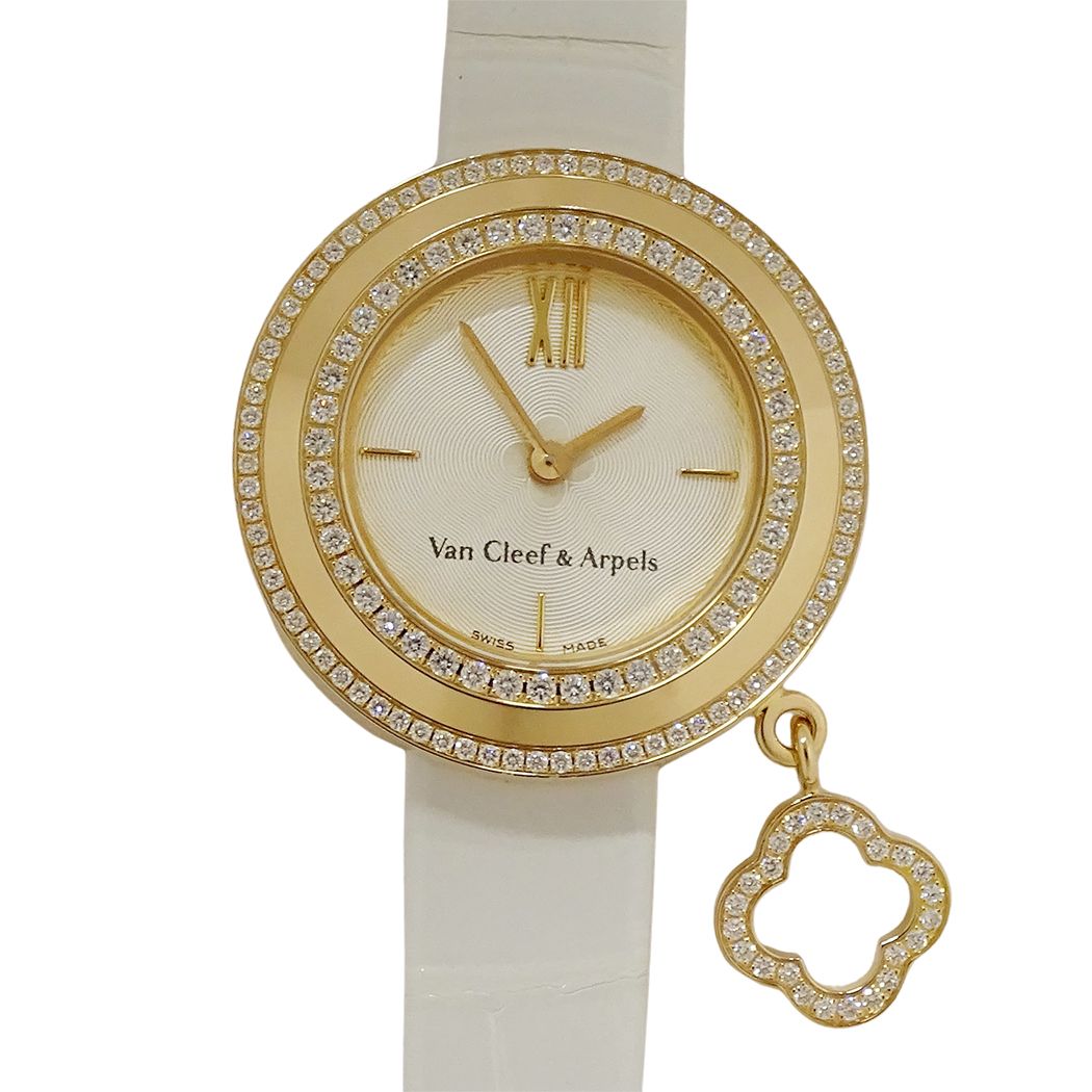 Van Cleef & Arpels Watch Charm Mini Diamond Quartz 750 Pink Gold Leather White — view 2