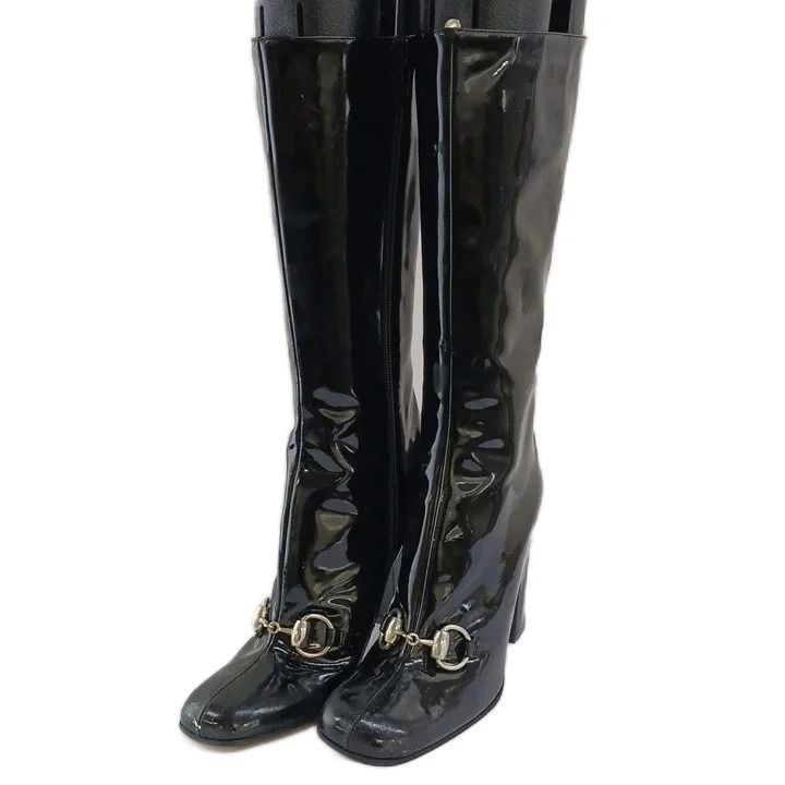 Gucci Long Boots Patent Square Toe High Heels Horsebit Silver Black 6.5