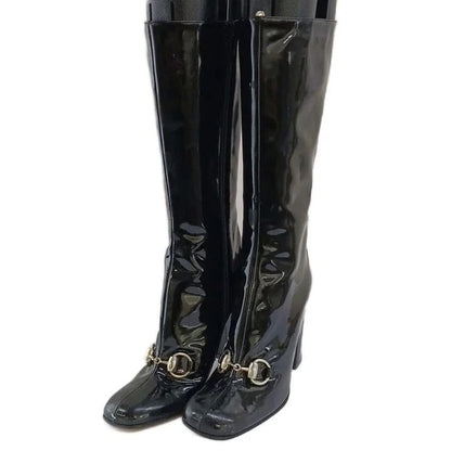 Gucci Long Boots Patent Square Toe High Heels Horsebit Silver Black 6.5