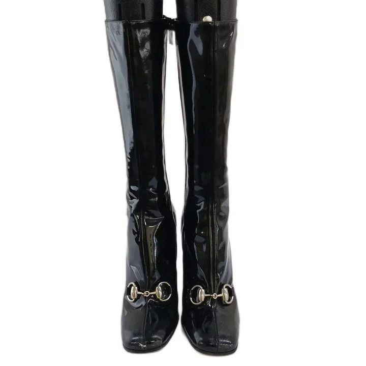 Gucci Long Boots Patent Square Toe High Heels Horsebit Silver Black 6.5 — view 4