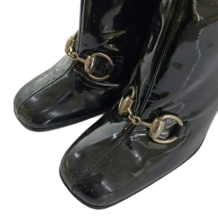 Gucci Long Boots Patent Square Toe High Heels Horsebit Silver Black 6.5 — view 5
