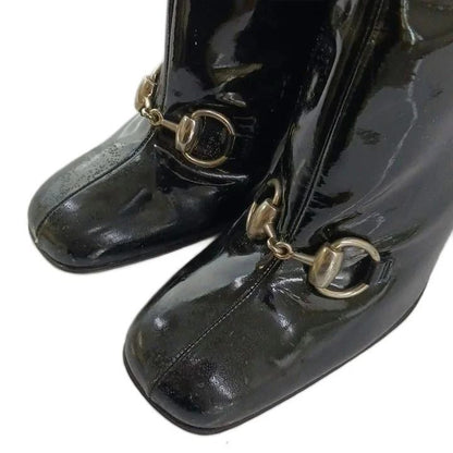 Gucci Long Boots Patent Square Toe High Heels Horsebit Silver Black 6.5 — view 5