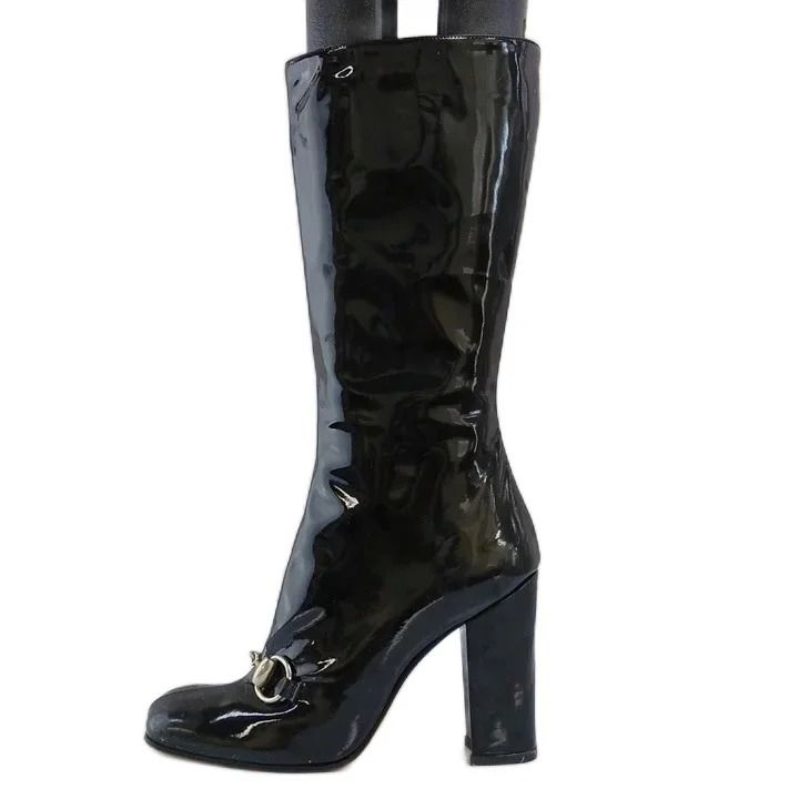 Gucci Long Boots Patent Square Toe High Heels Horsebit Silver Black 6.5 — view 2