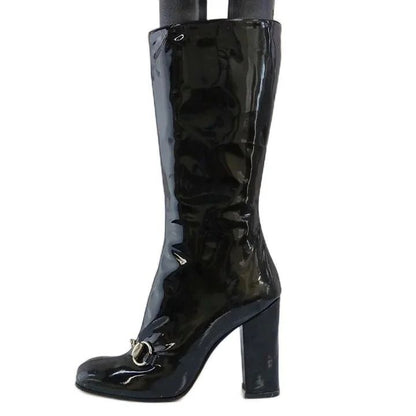 Gucci Long Boots Patent Square Toe High Heels Horsebit Silver Black 6.5 — view 2
