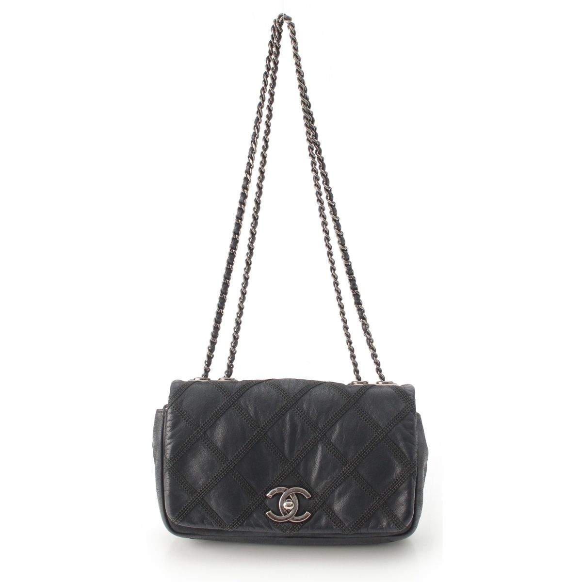 Chanel Leather Wild Stitch Full Flap Chain Shoulder Bag Black