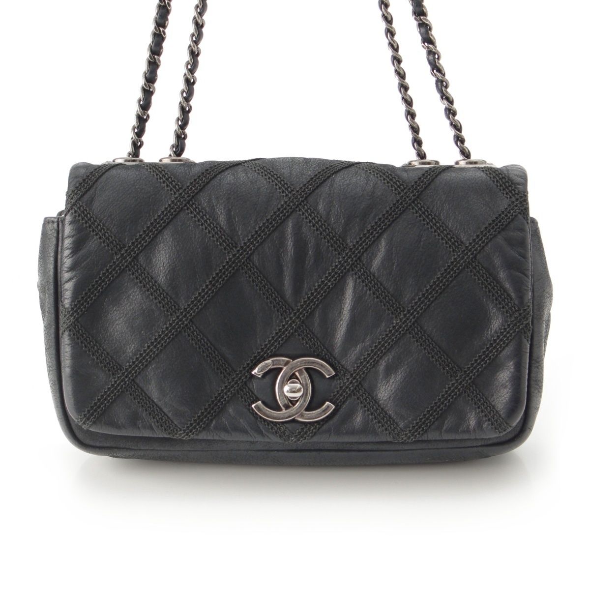 Chanel Leather Wild Stitch Full Flap Chain Shoulder Bag Black — view 2