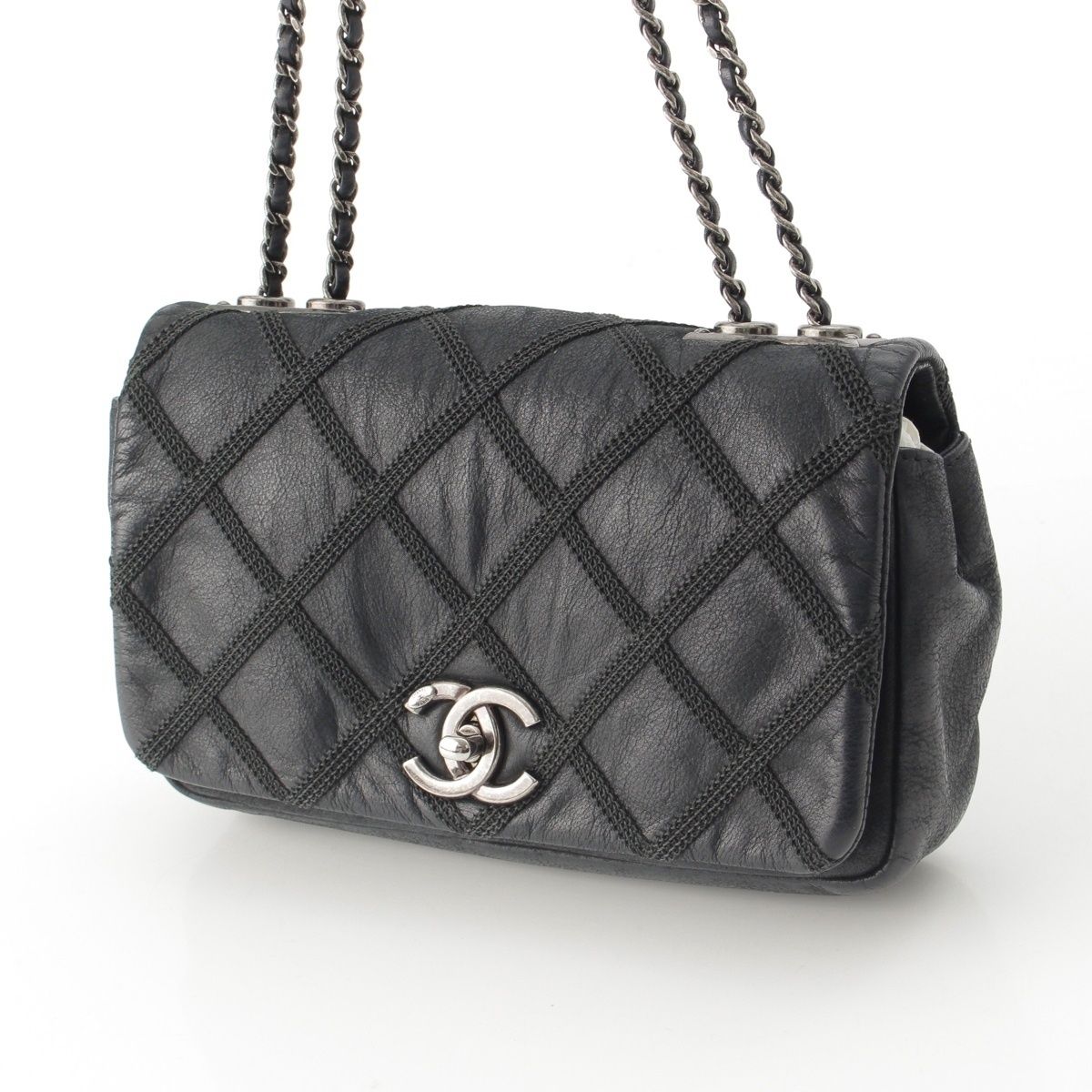 Chanel Leather Wild Stitch Full Flap Chain Shoulder Bag Black — view 3