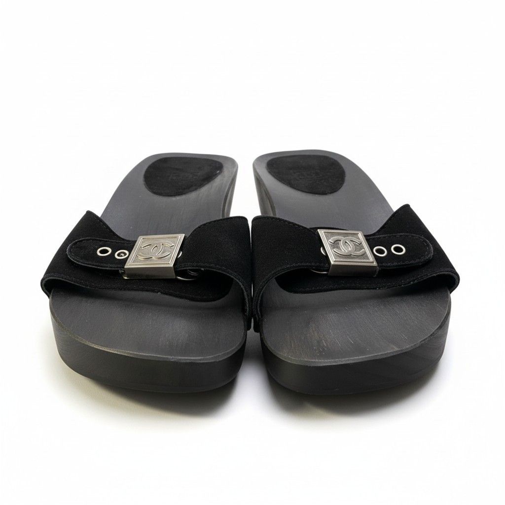Chanel Suede Wood Sandals Buckle Design CC Logo Shoes Black Leather — view 2