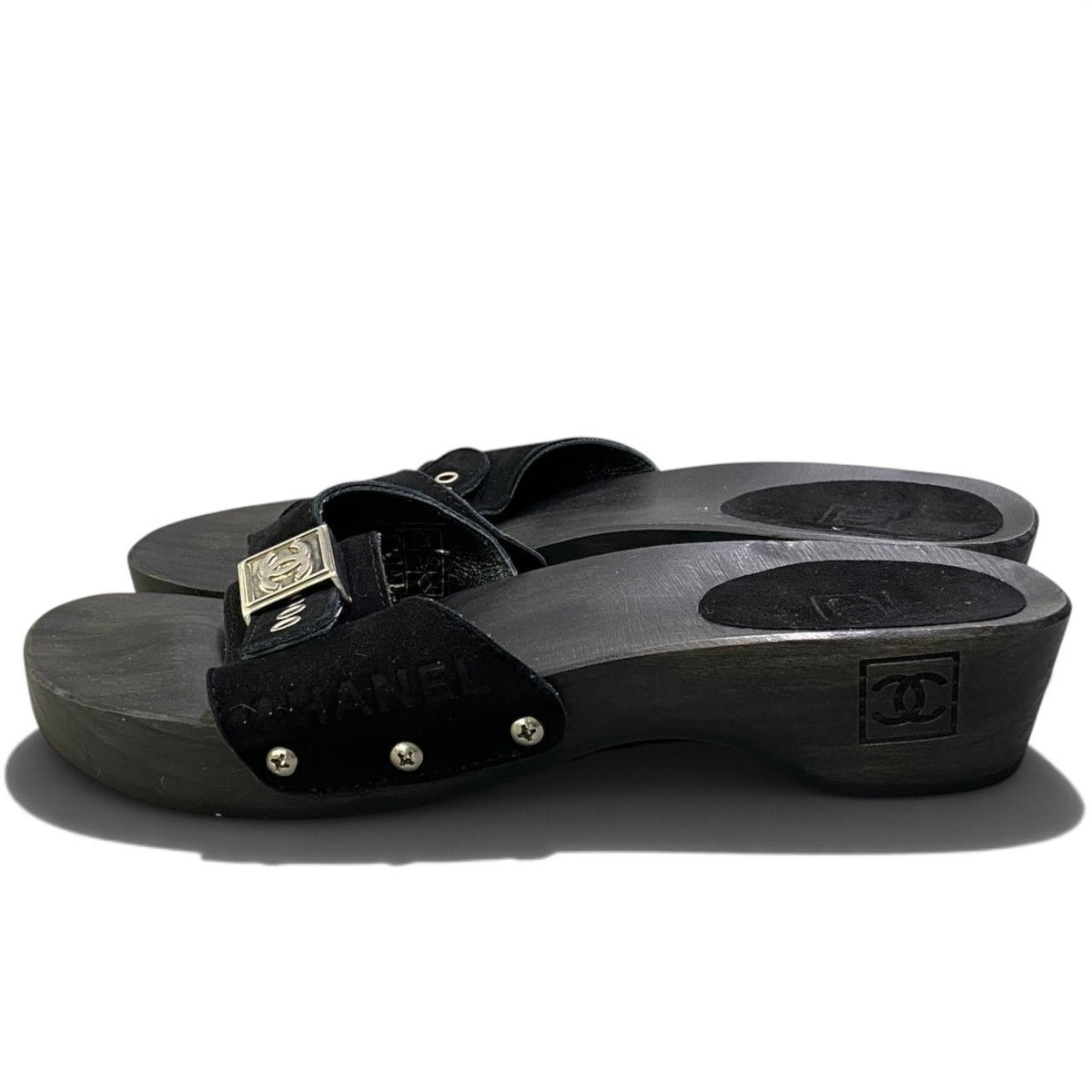 Chanel Suede Wood Sandals Buckle Design CC Logo Shoes Black Leather — view 4