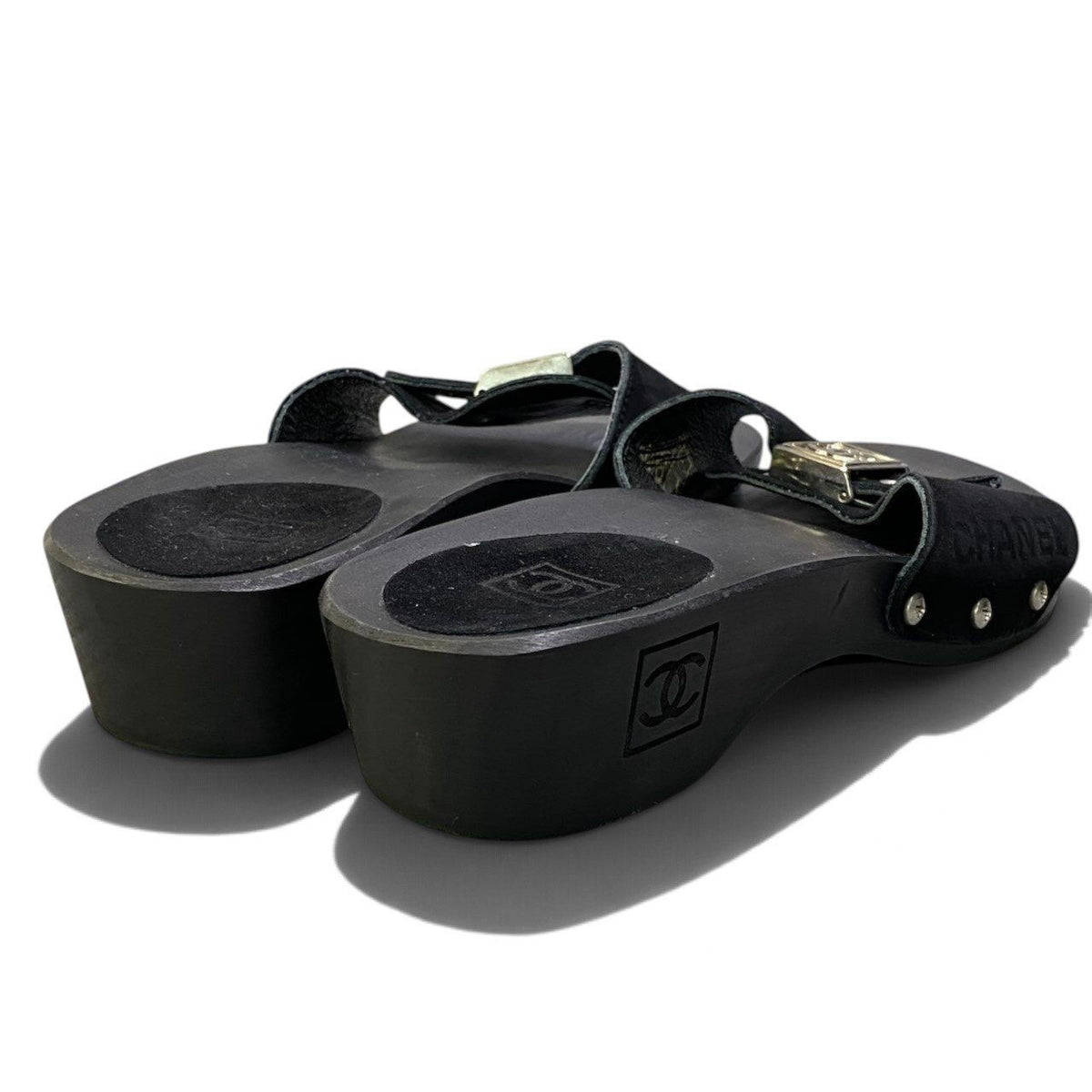Chanel Suede Wood Sandals Buckle Design CC Logo Shoes Black Leather — view 5
