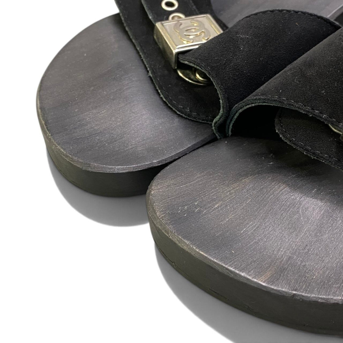 Chanel Suede Wood Sandals Buckle Design CC Logo Shoes Black Leather — view 7