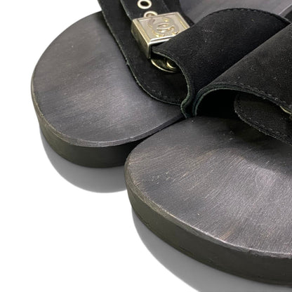 Chanel Suede Wood Sandals Buckle Design CC Logo Shoes Black Leather — view 7