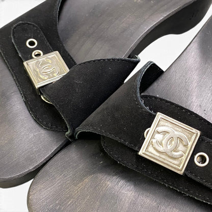 Chanel Suede Wood Sandals Buckle Design CC Logo Shoes Black Leather — view 8