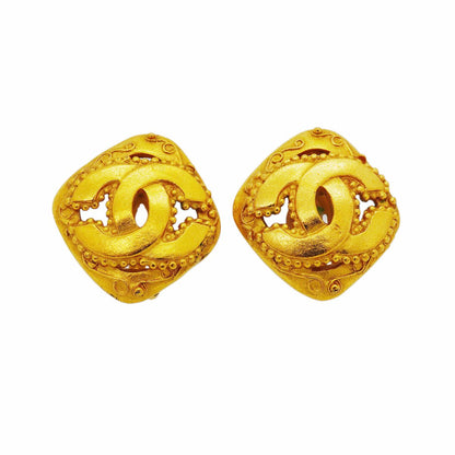 Chanel Earrings Vintage CC Logo Diamond Shape Gold Plated