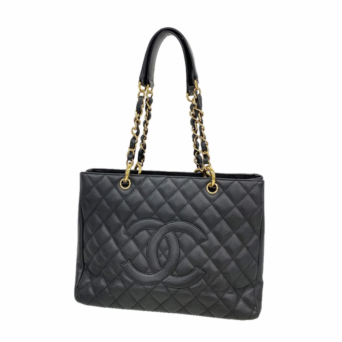 Chanel Chain Tote Bag Quilted Caviar Leather Black Gold