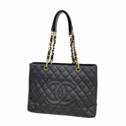 Chanel Chain Tote Bag Quilted Caviar Leather Black Gold