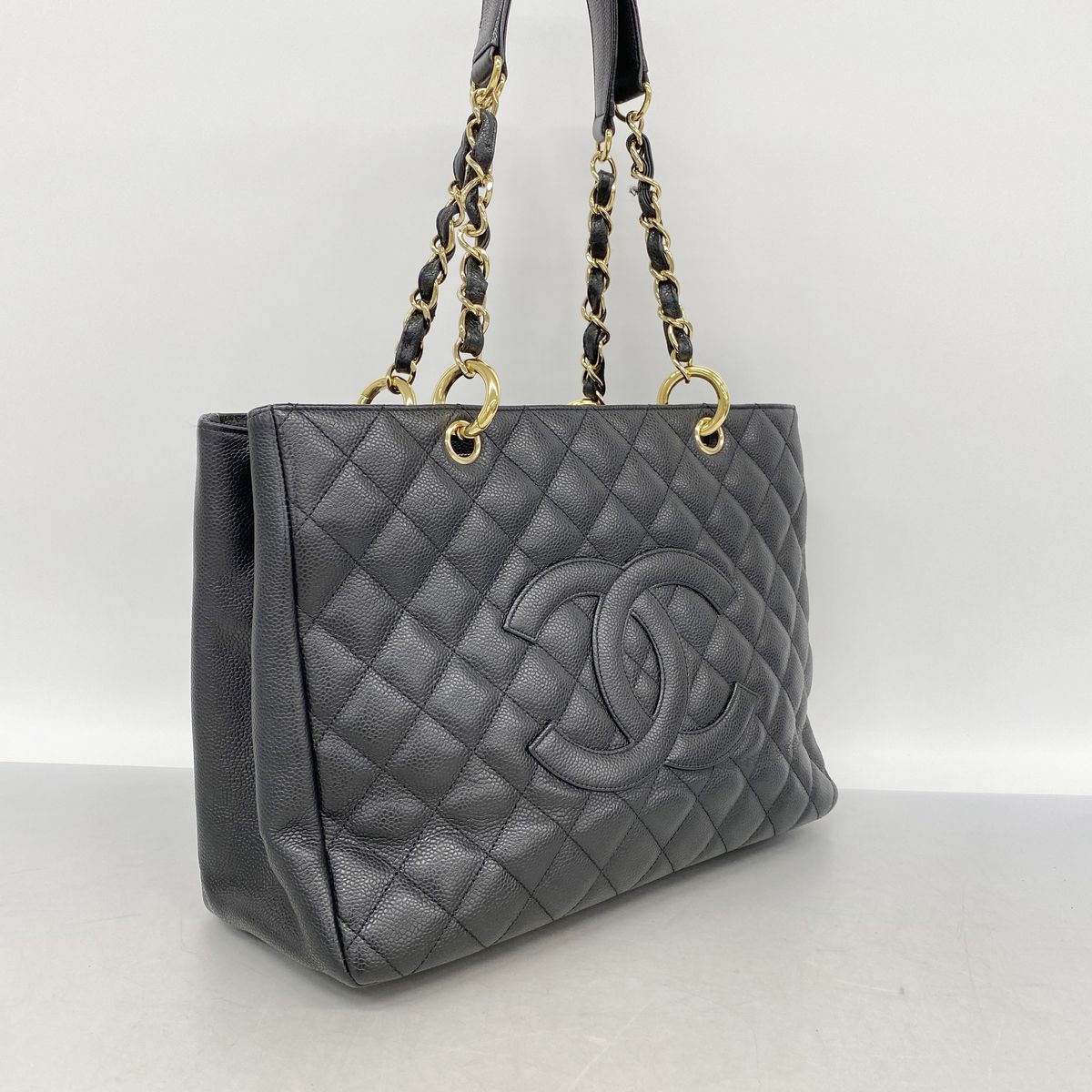 Chanel Chain Tote Bag Quilted Caviar Leather Black Gold — view 2