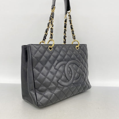 Chanel Chain Tote Bag Quilted Caviar Leather Black Gold — view 2