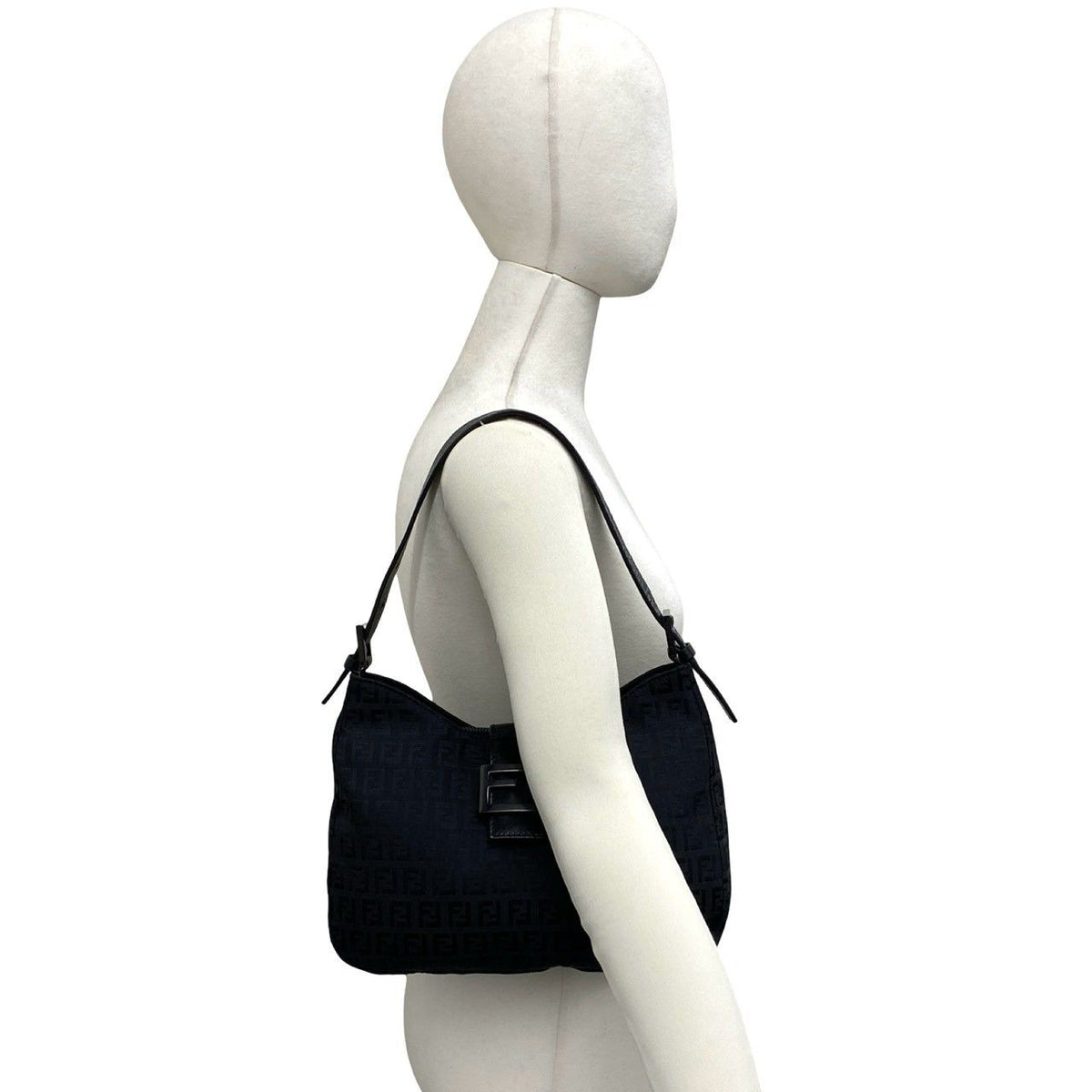 Fendi Vintage Zucchino Pattern FF Logo Canvas Leather Semi Bag Black — view 2