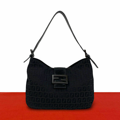 Fendi Vintage Zucchino Pattern FF Logo Canvas Leather Semi Bag Black