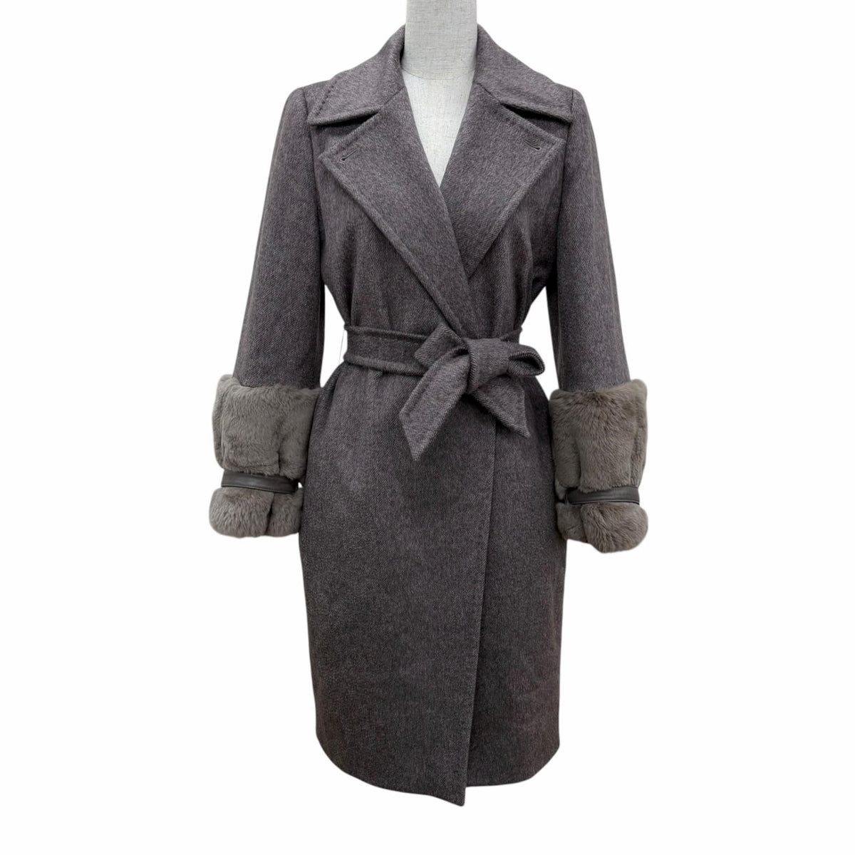 Max Mara Cashmere Camel Cuff with Fur Belted Coat Brown 36