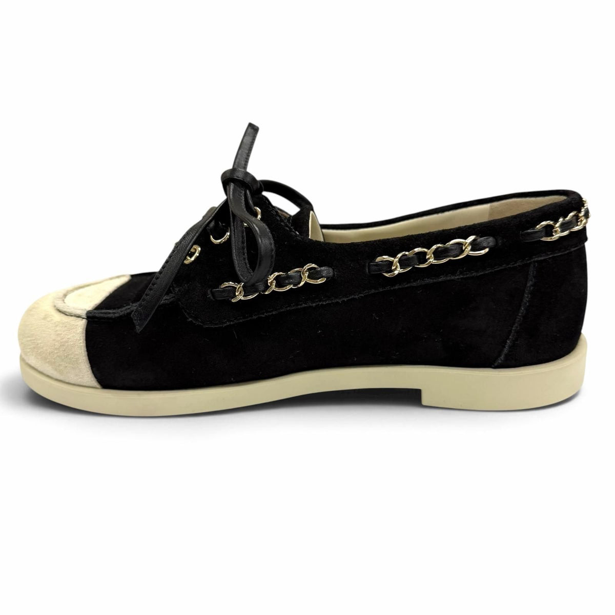 Chanel 25C CC Logo Chain Suede Leather Loafers Black Beige — view 5