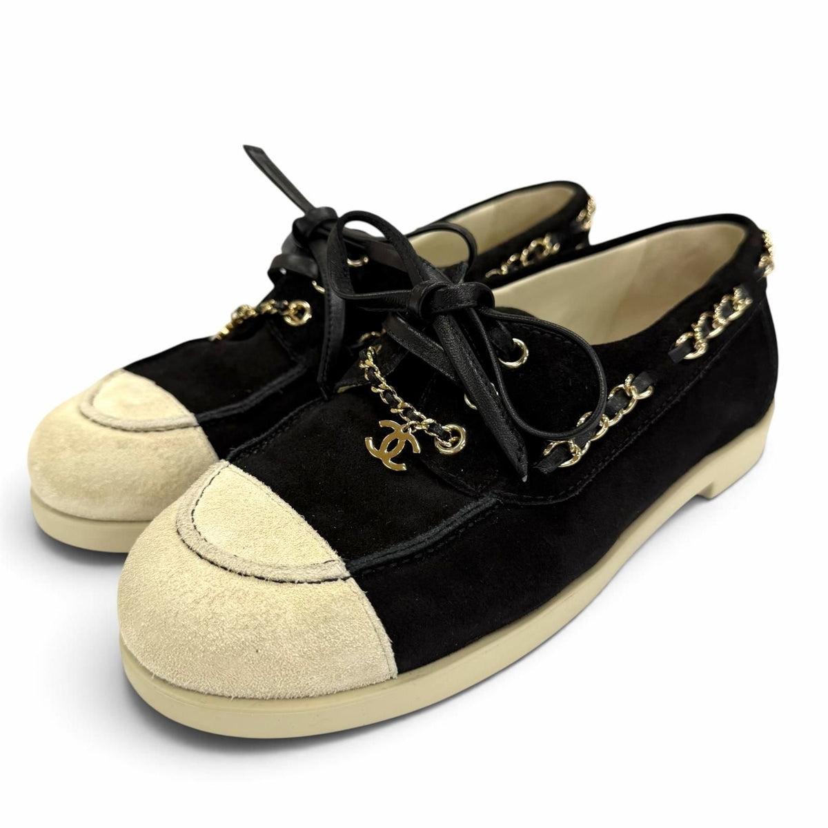 Chanel 25C CC Logo Chain Suede Leather Loafers Black Beige
