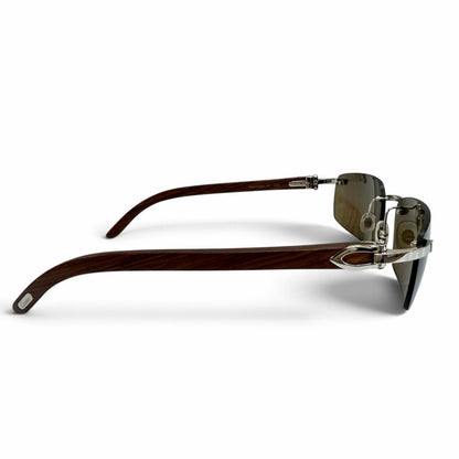 Cartier Rimless Two Point Wood Temple Sunglasses Brown Silver 18 Eyewear — view 3