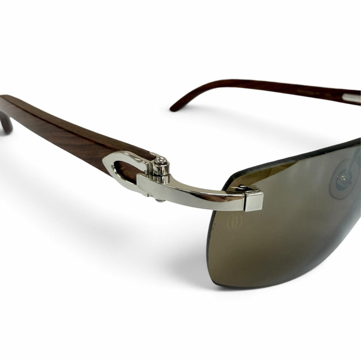 Cartier Rimless Two Point Wood Temple Sunglasses Brown Silver 18 Eyewear — view 5