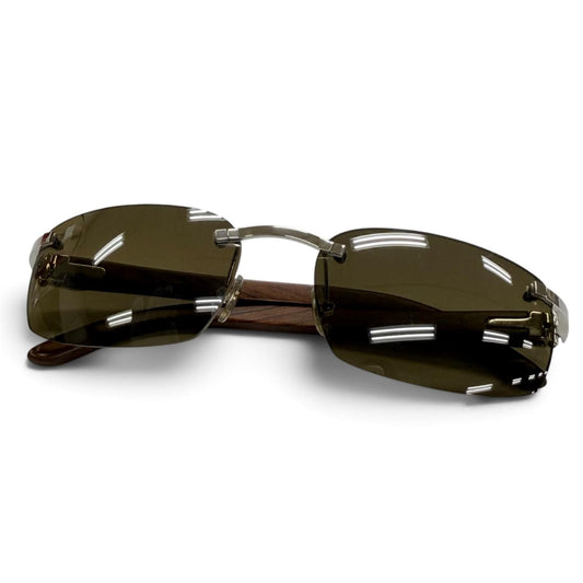 Cartier Rimless Two Point Wood Temple Sunglasses Brown Silver 18 Eyewear