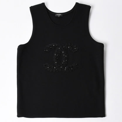Chanel Tank Top Camellia CC Logo Wool Rhinestone Black