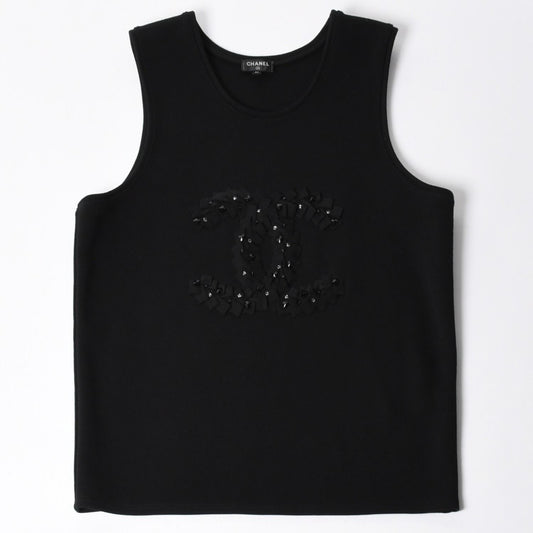 Chanel Tank Top Camellia CC Logo Wool Rhinestone Black