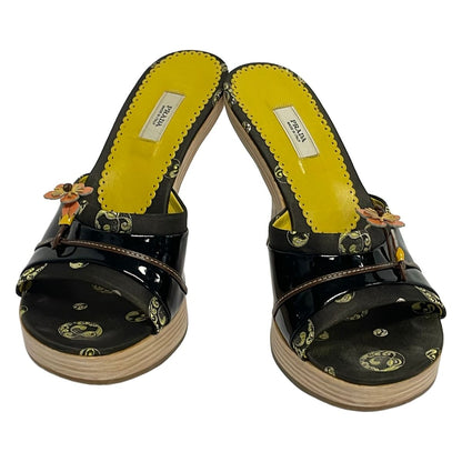 Prada Mules Dark Brown Light Yellow Multi Flower Leather — view 2