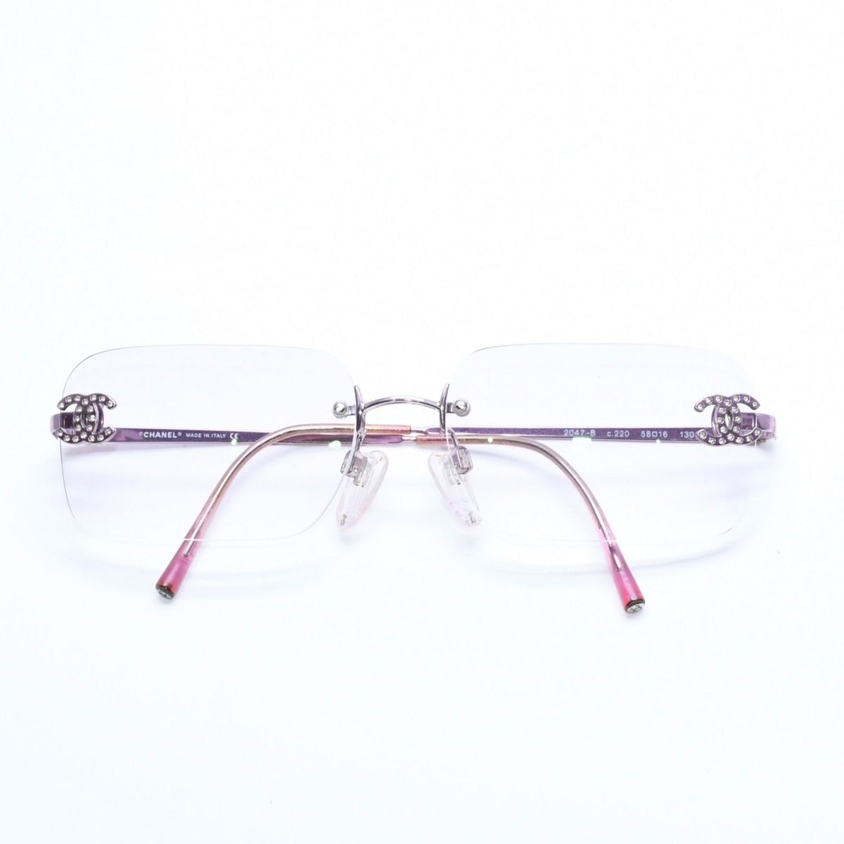 Chanel Rimless Sunglasses Eyewear CC Logo Rhinestone Pink