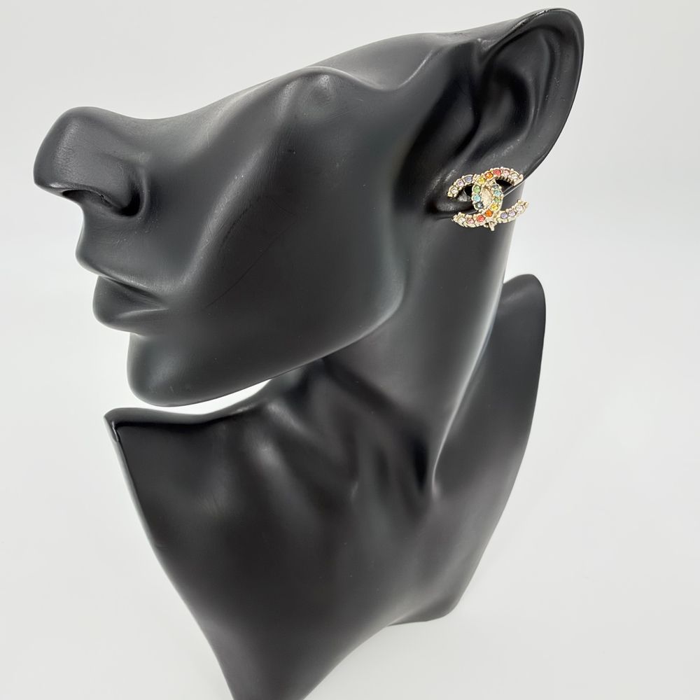 Chanel Earrings CC Logo Rhinestone Rainbow Gold Plated — view 2
