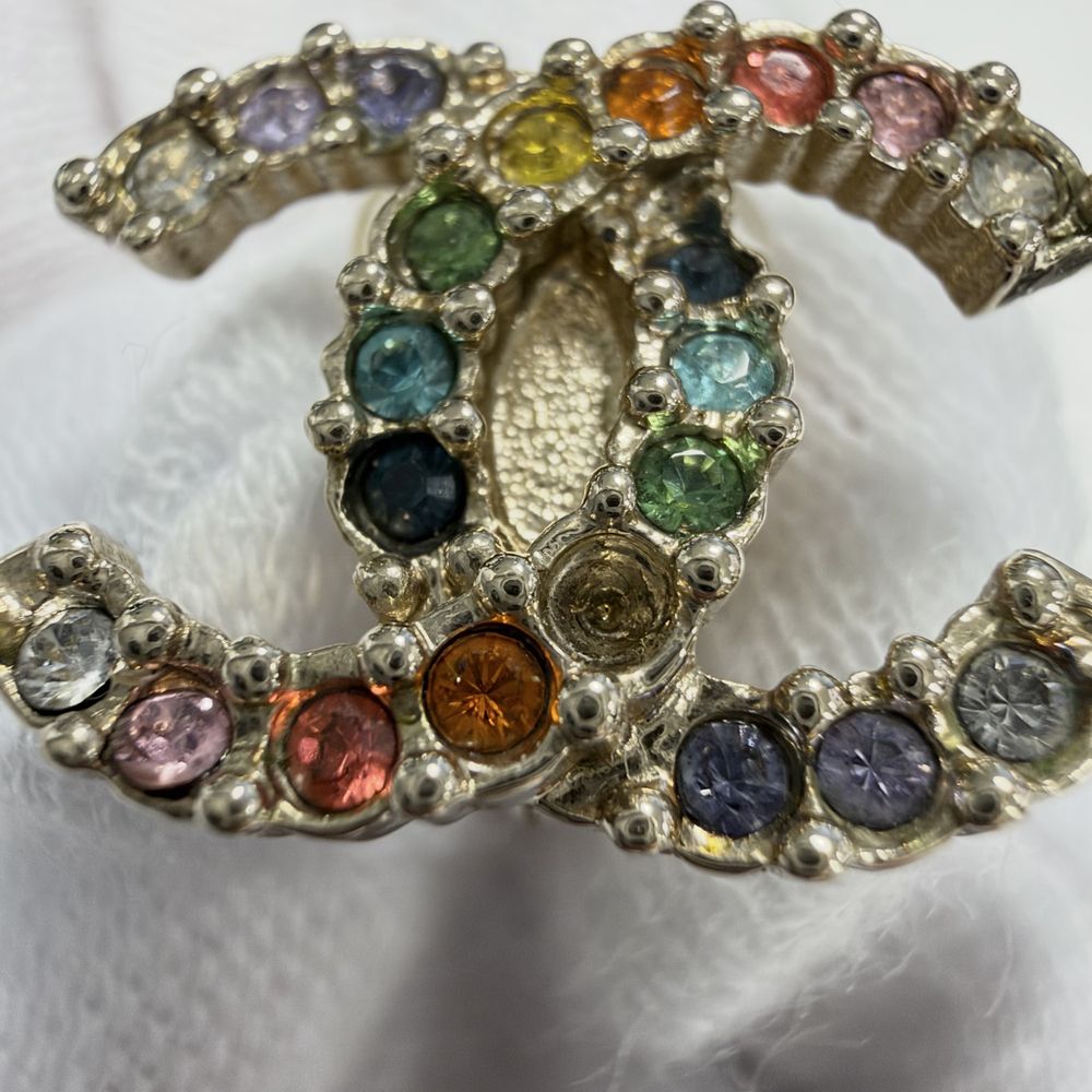 Chanel Earrings CC Logo Rhinestone Rainbow Gold Plated — view 5