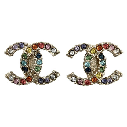 Chanel Earrings CC Logo Rhinestone Rainbow Gold Plated