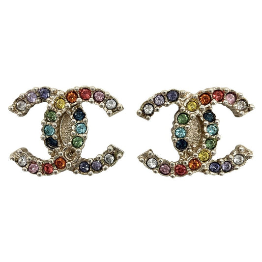 Chanel Earrings CC Logo Rhinestone Rainbow Gold Plated