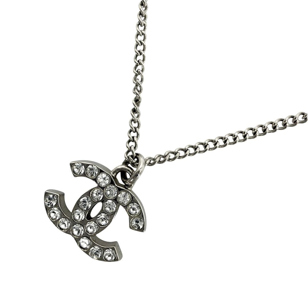 Chanel Necklace CC Logo Rhinestone Silver