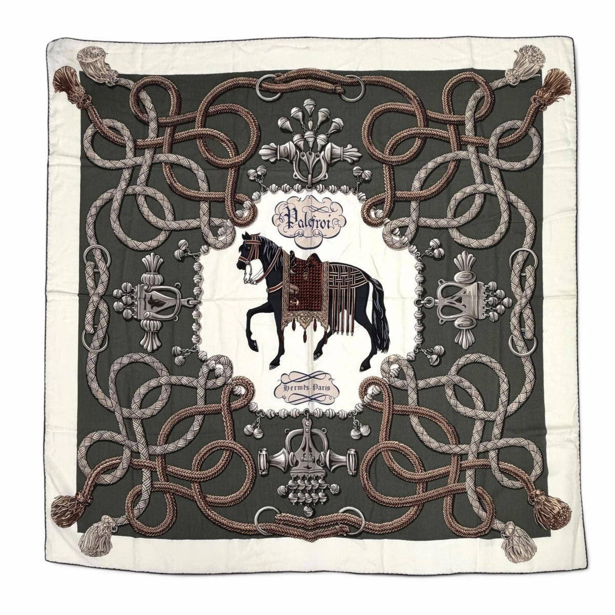 Hermes Carre Geant 140 Palfrowa Cashmere Silk Blend SC Blanc Loden Gray Large