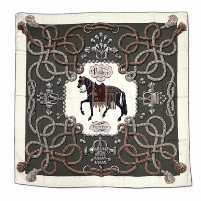 Hermes Carre Geant 140 Palfrowa Cashmere Silk Blend SC Blanc Loden Gray Large
