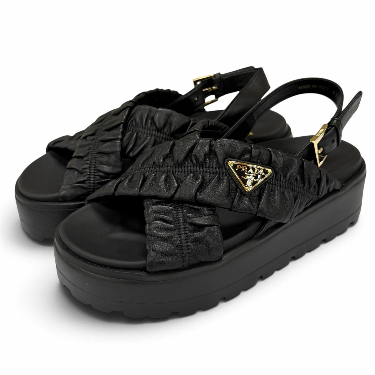 Prada Matelasse Leather Flatform Sandals Triangle Logo Black