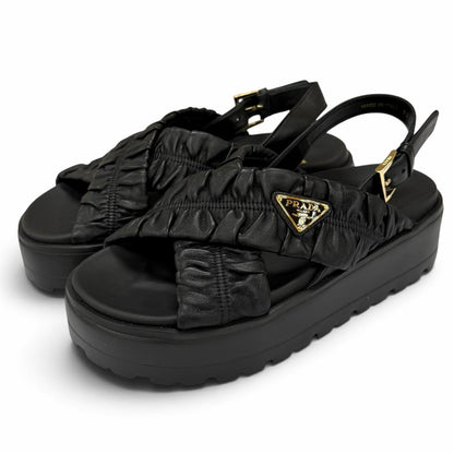 Prada Matelasse Leather Flatform Sandals Triangle Logo Black
