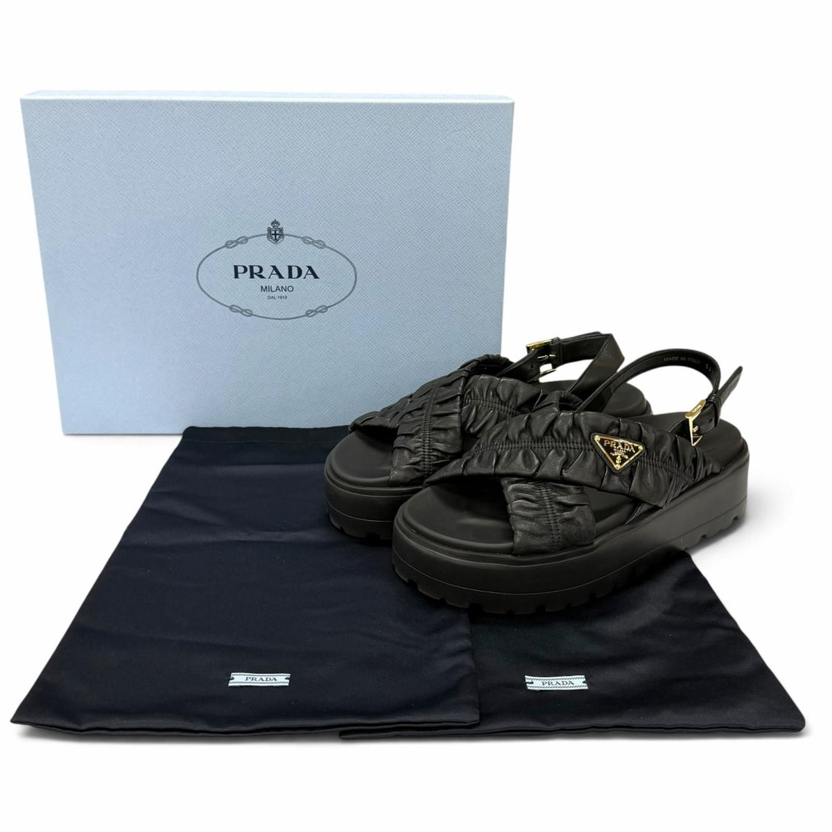 Prada Matelasse Leather Flatform Sandals Triangle Logo Black — view 2