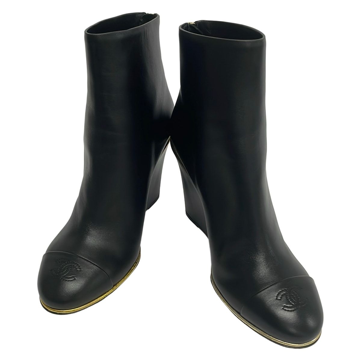 Chanel Short Boots Black Wedge Sole Lambskin — view 2