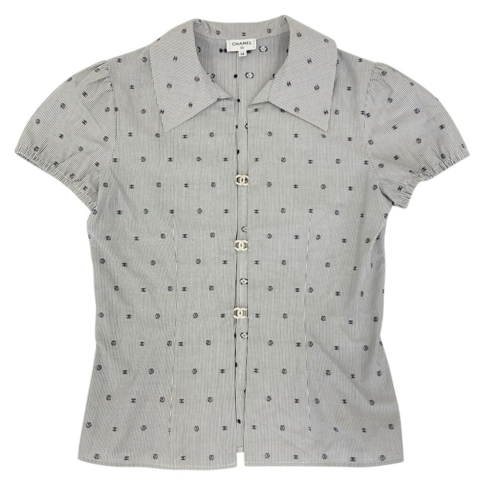 Chanel 24P Bijou CC Logo Button Stripe Blouse Navy White Spring Summer 38 — view 6