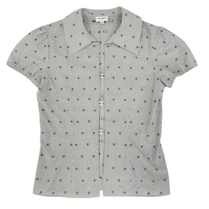 Chanel 24P Bijou CC Logo Button Stripe Blouse Navy White Spring Summer 38 — view 6