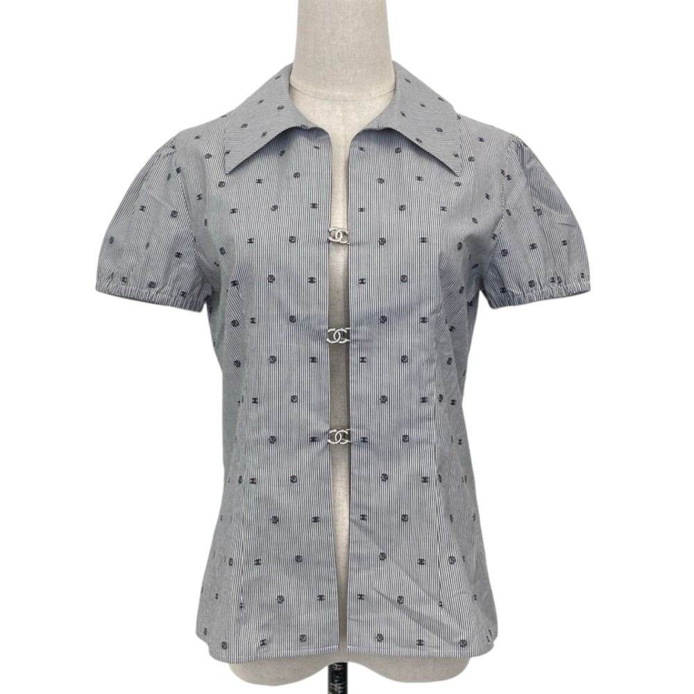 Chanel 24P Bijou CC Logo Button Stripe Blouse Navy White Spring Summer 38