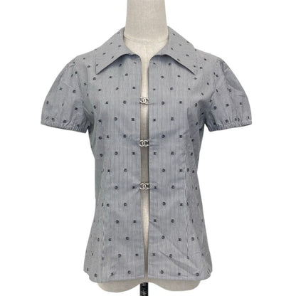 Chanel 24P Bijou CC Logo Button Stripe Blouse Navy White Spring Summer 38