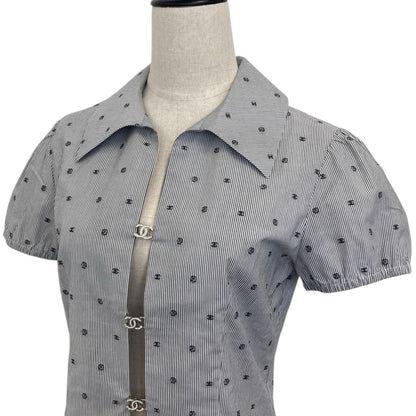 Chanel 24P Bijou CC Logo Button Stripe Blouse Navy White Spring Summer 38 — view 4